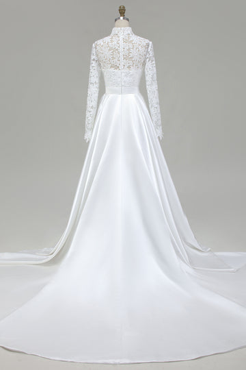 Ivory A-Line High Neck Lace Long Wedding Dress